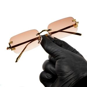 Gold Frame Peach Orange Tint Rimless Mens Y2K Hip Hop Fashion Summer Sunglasses